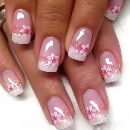 24Pcs White French Tip Press on Nails Short Square Fake Nails Pink Flower W14