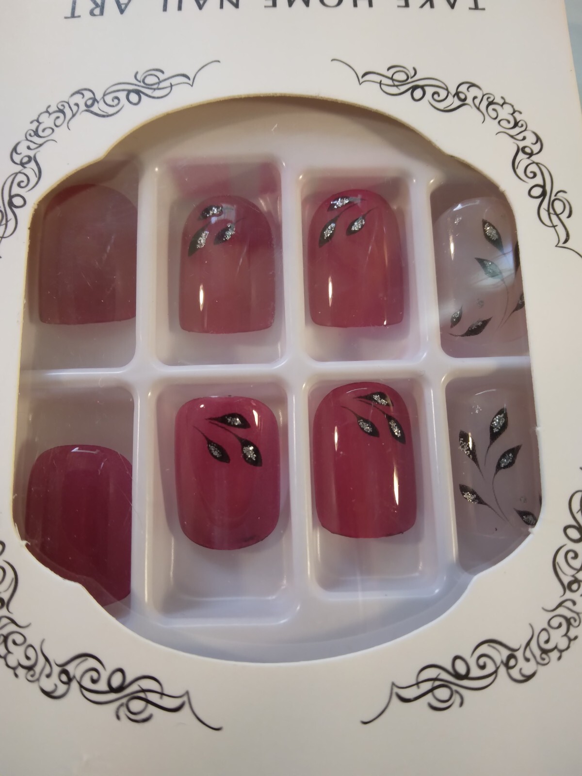 24 Piece finger nail set Pink Dark Pink Sparkle flower 274317