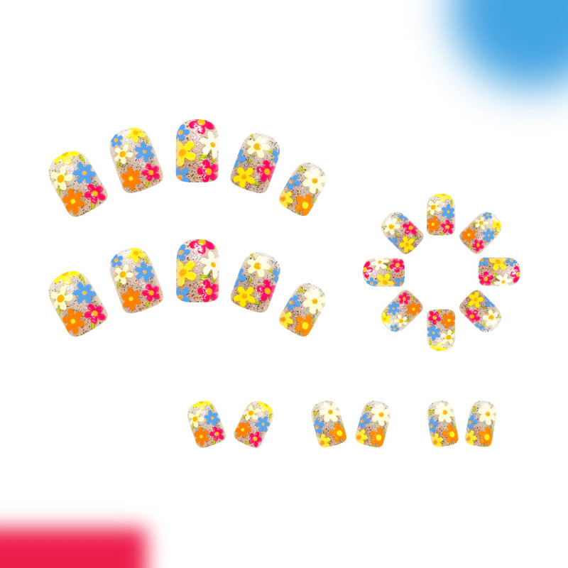 48Pcs-Short Square Silver Glitter Base Colorful Mini Daisy Floral Press on Nails