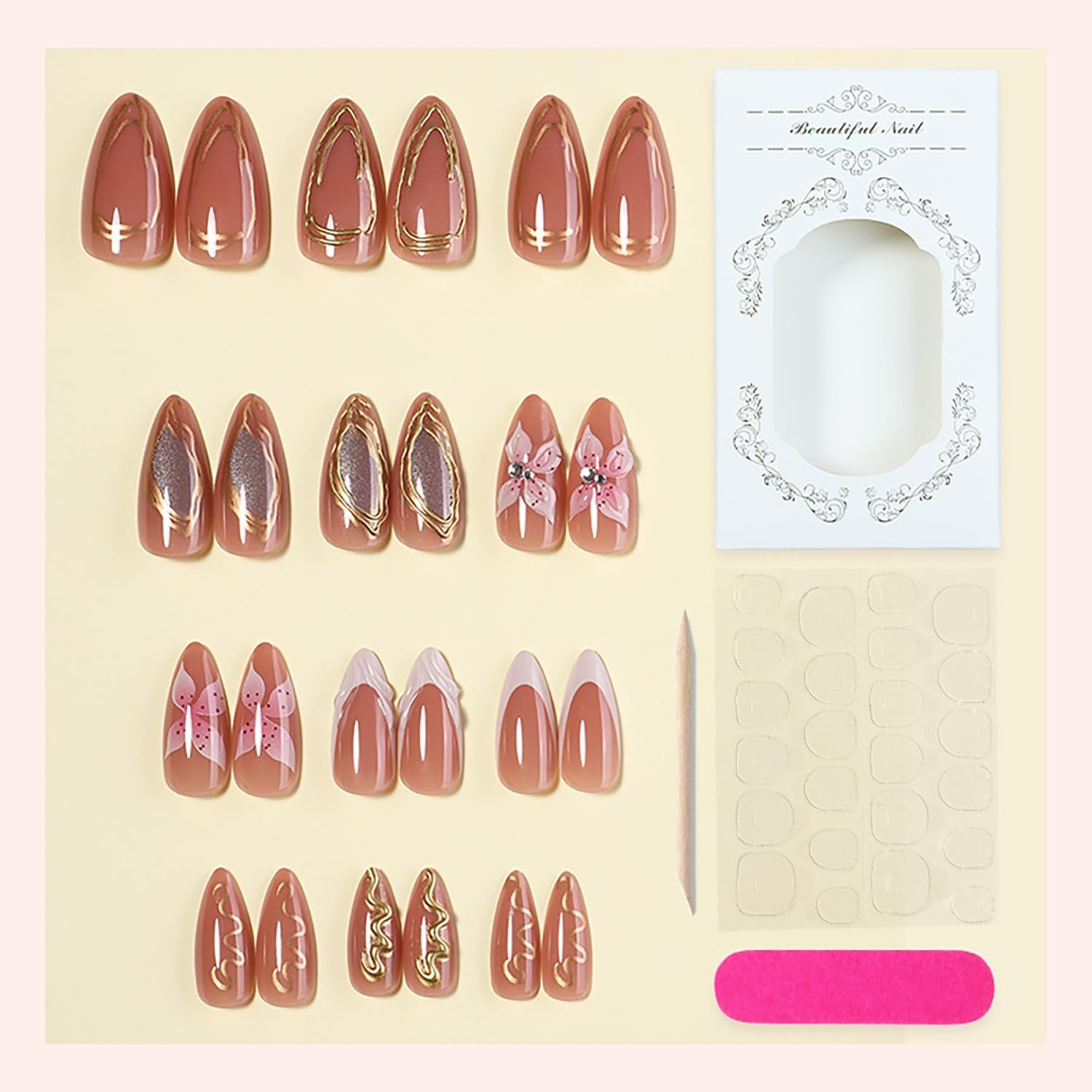 24Pcs 3D Flower Press on Nails Medium Almond Fake Nails with Rhinestones Whit…