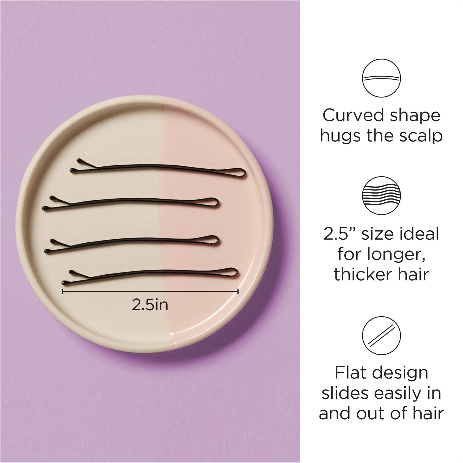 Diane 2.5” Curved Black Bobby Pins, Large Flat 40 Count (Pack of 1), BLACK