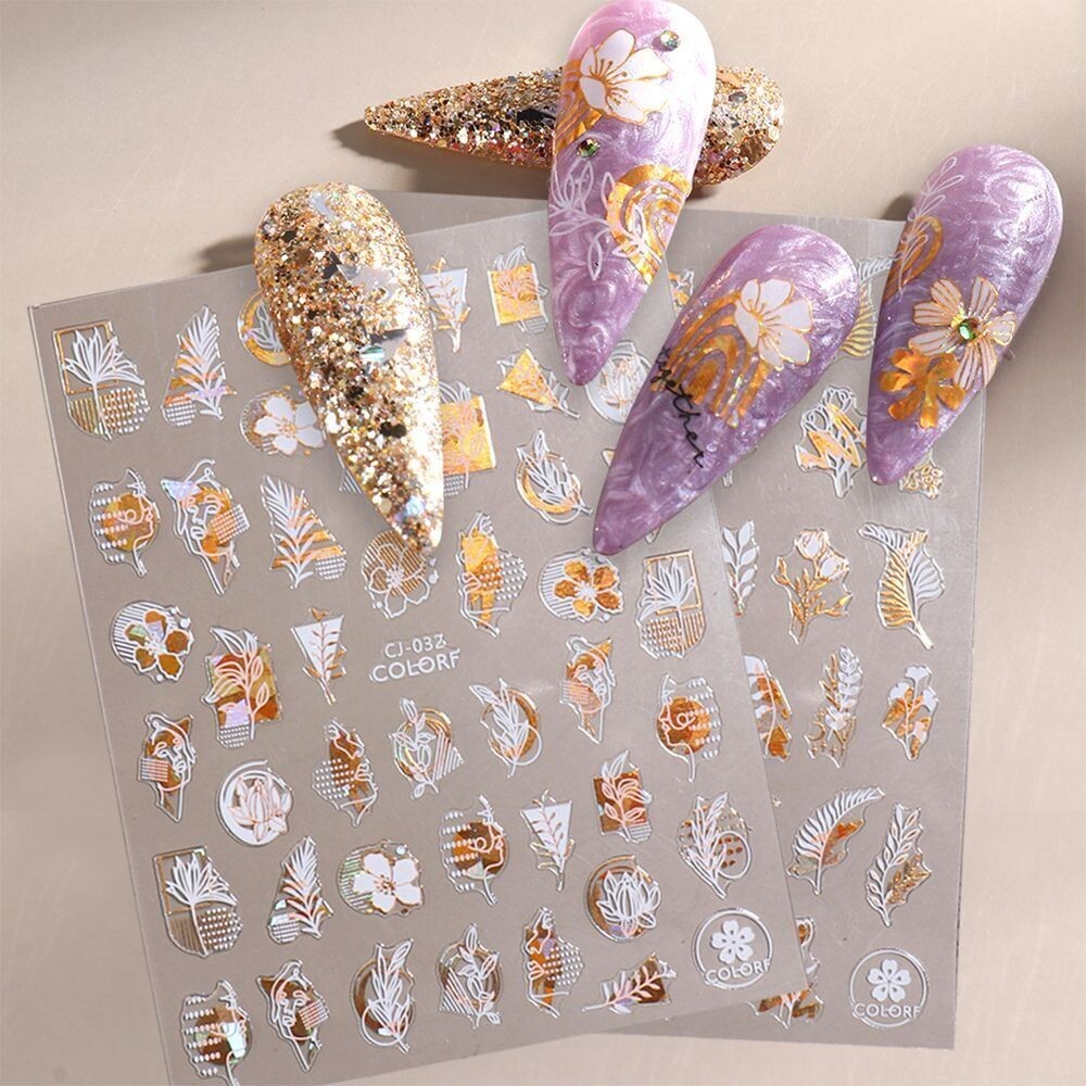6Pcs Abstract Face Design White Gold 3D Laser Holographic Nail Stickers NS18