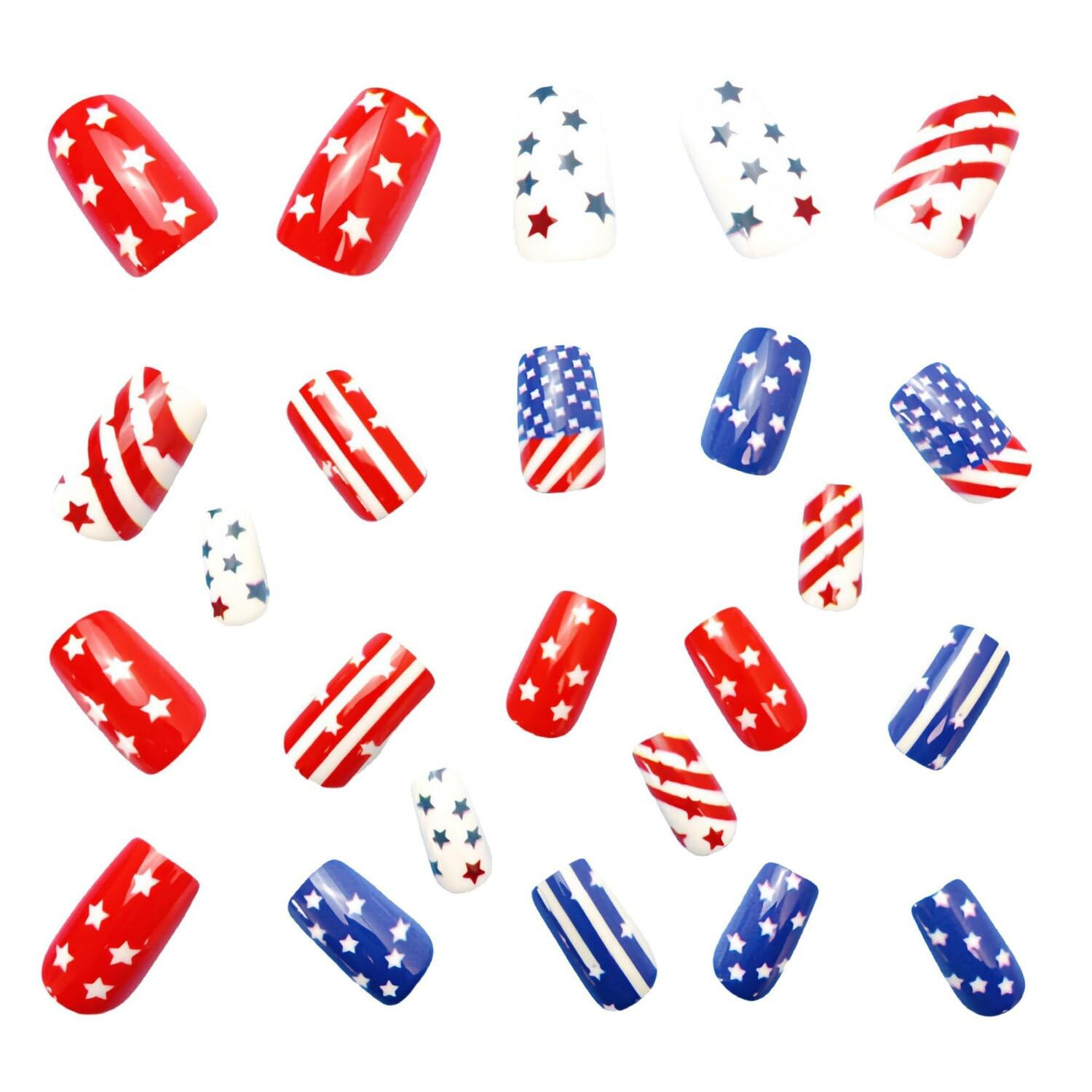 4Th of July Press on Nails Medium Square Fake Nails Red Blue False Nails with Li