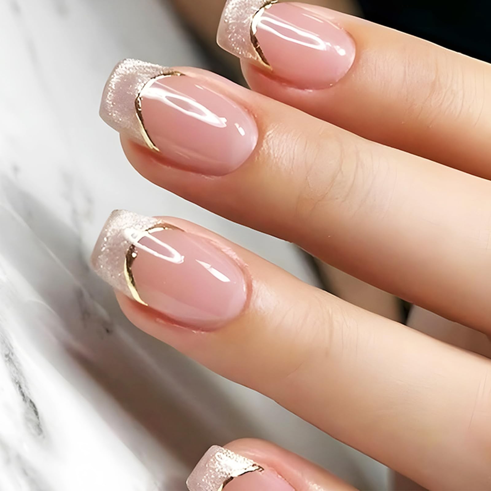 French Tips Press on Nails 24Pcs Glossy Gold Curve Line Short Square False Na…