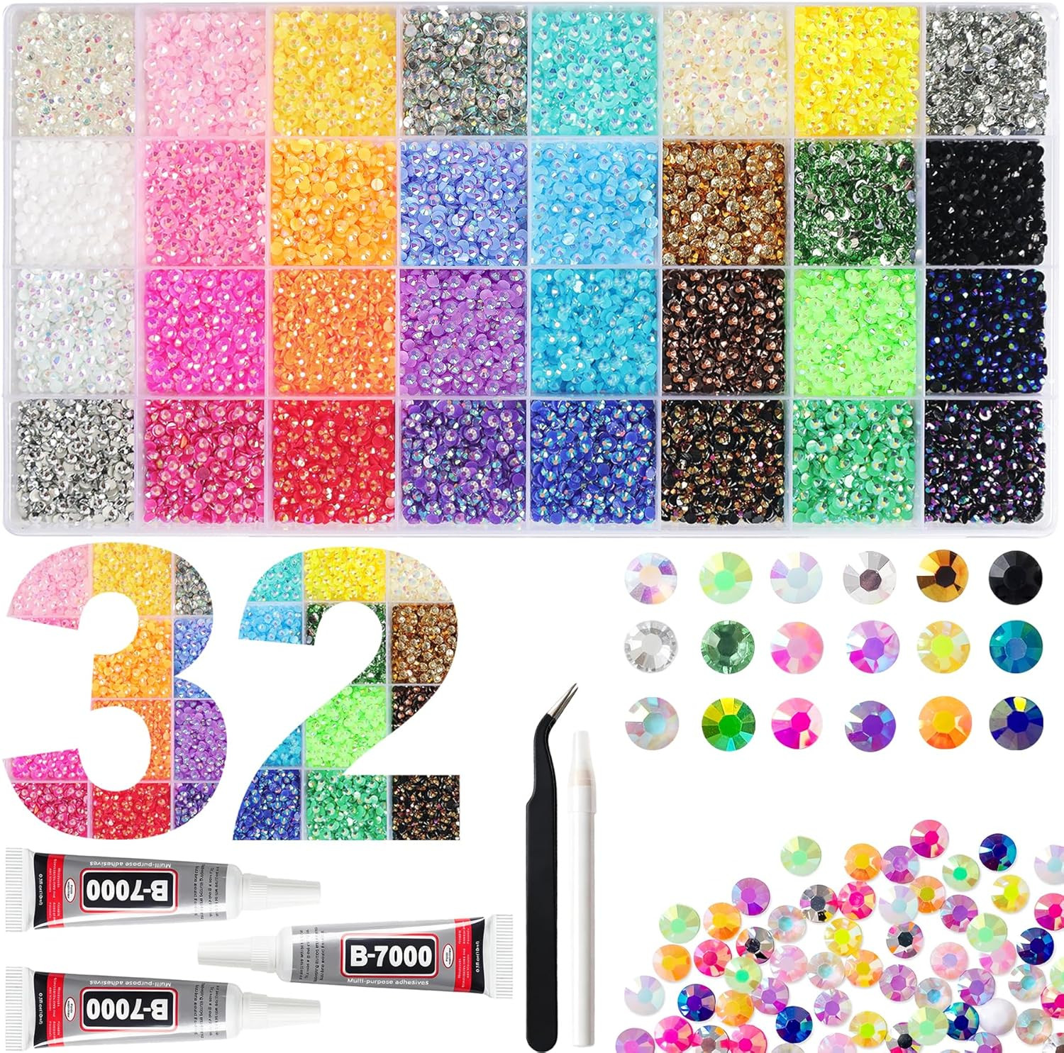 42000Pcs 32 Colors Jelly Resin Rhinestones for Bedazzling Kit, 3mm Multicolor Fl