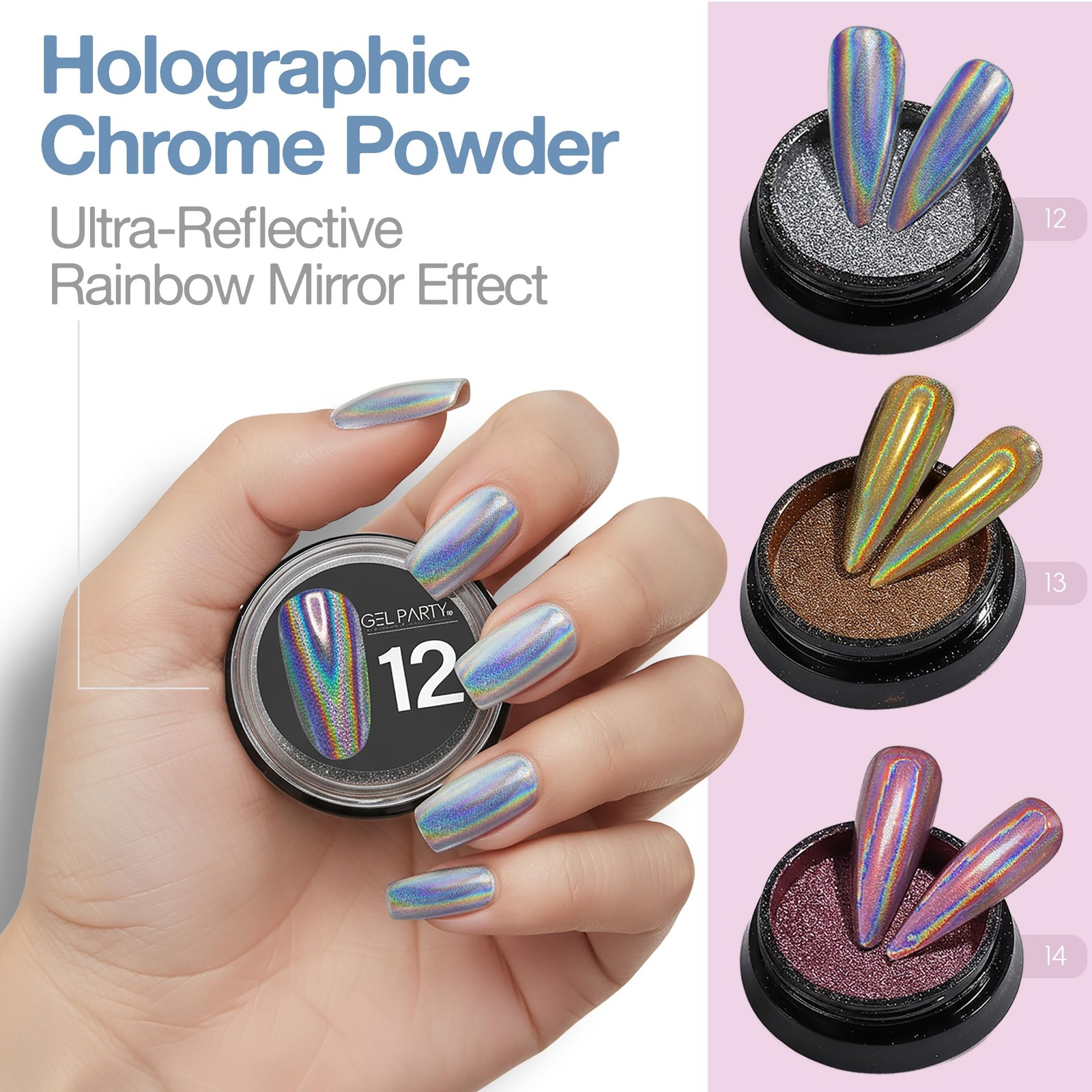 GELPARTY 16 Colors Chrome Nail Powder Set, Premium Mirror & Holographic Effec…