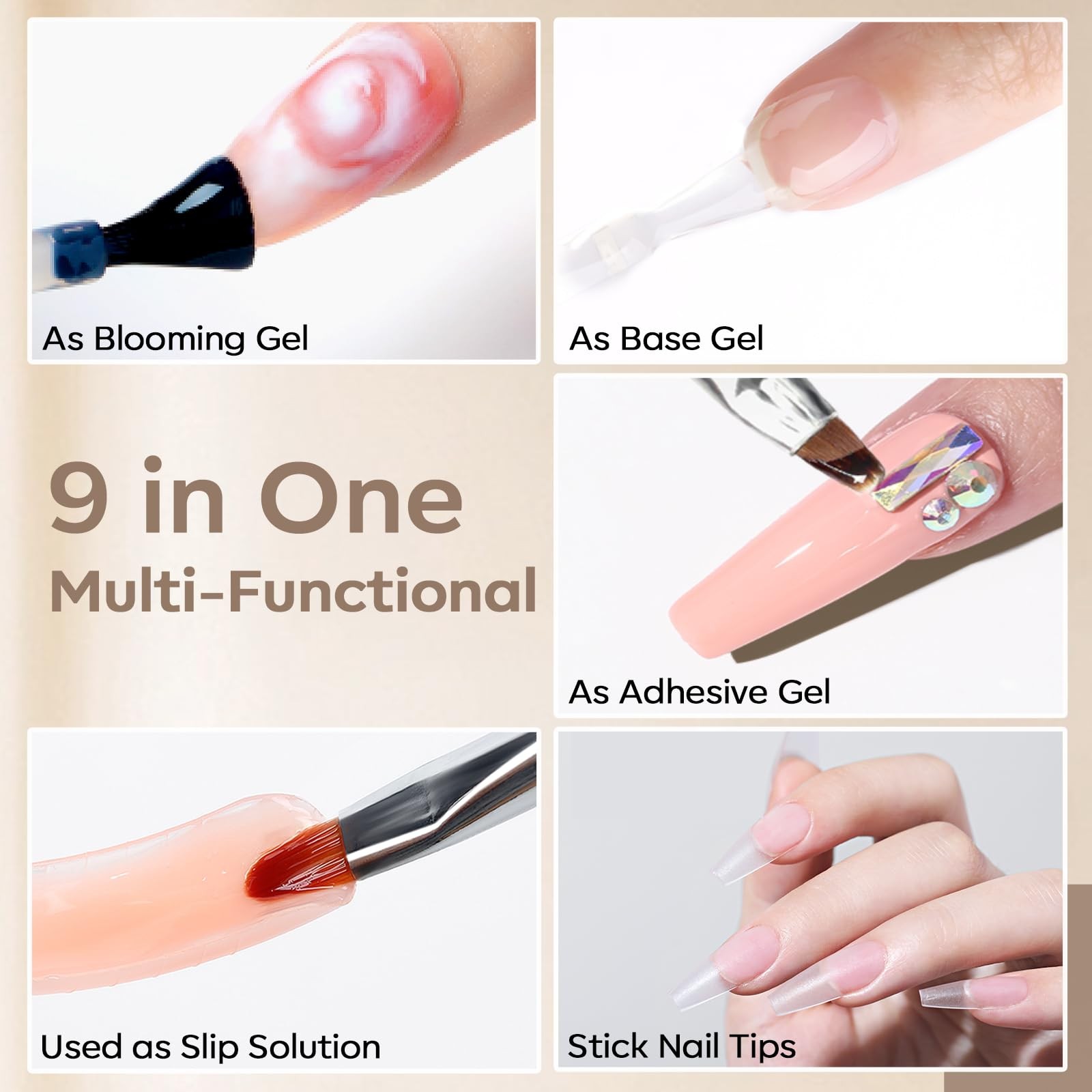 9-in-1 Nail Glue Polish Set for Rhinestones, Gel Art, and Strengthening 15ml