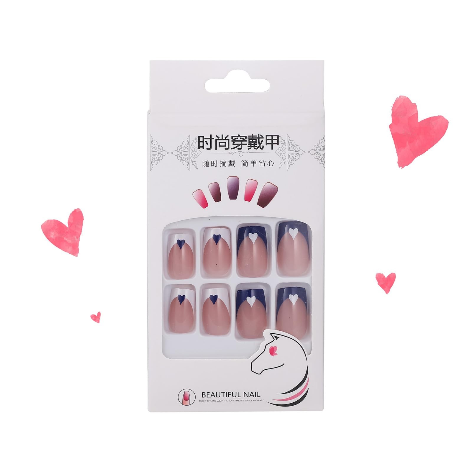 Press on Nails Short Medium Square Nails 24 Pcs, French Blue White Fake Nails…