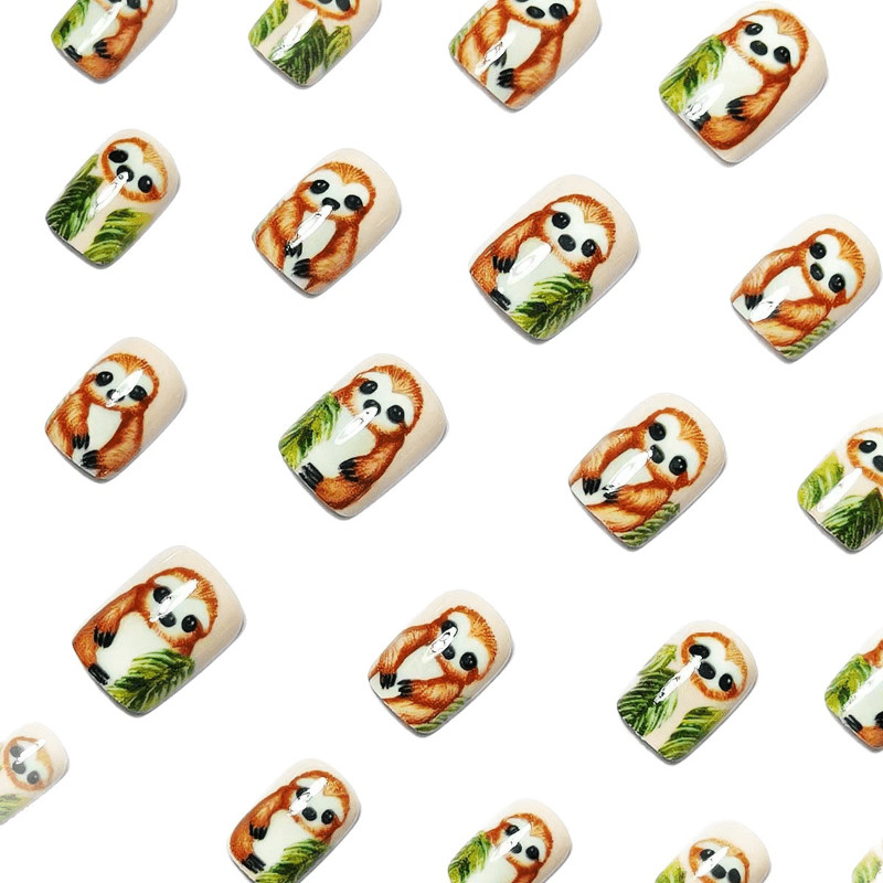 48pcs Short Square Press on Nails, Sloth Tree Leaf Hand Paint Cartoon Nails