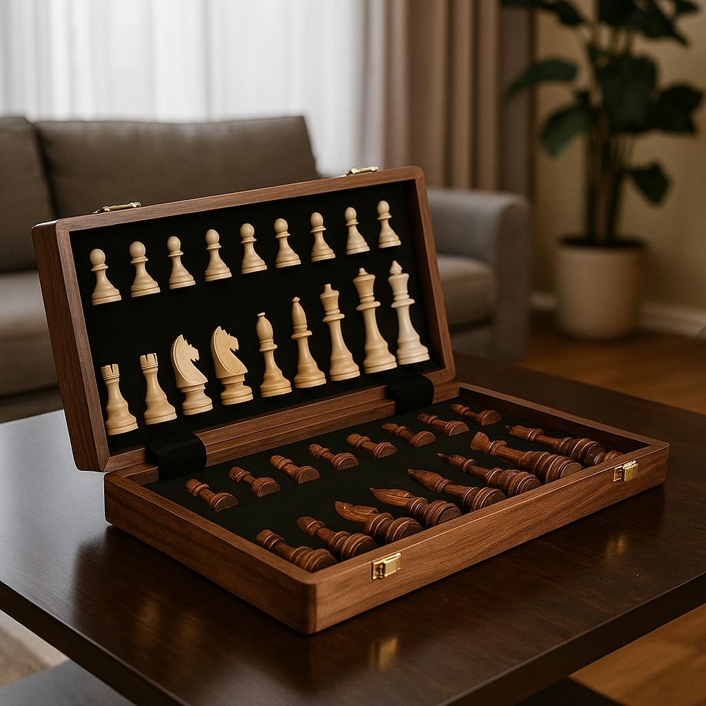 15” Walnut Chess Set with Storage Board for Adults & 15 inches, Brown