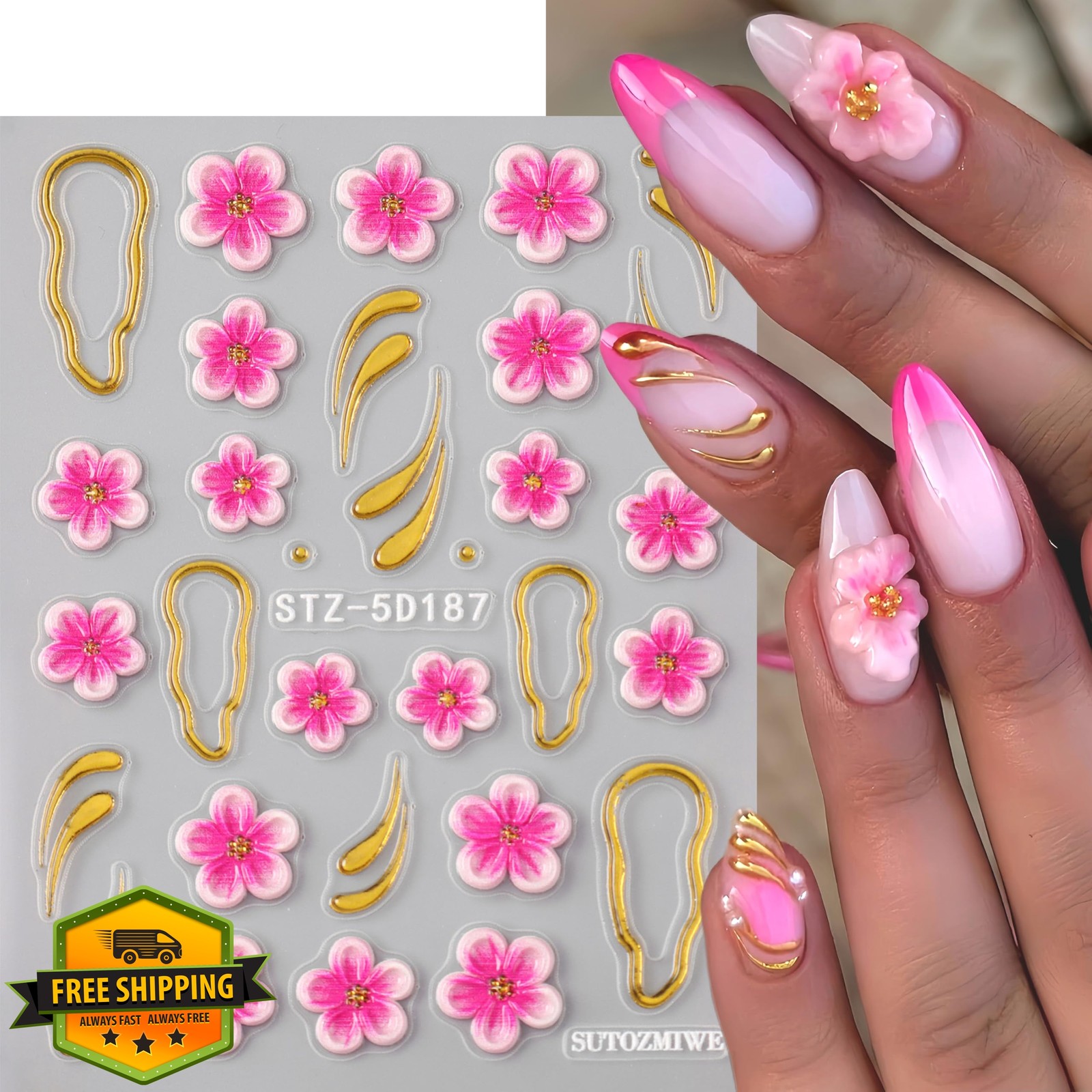 Aoustratum 3pk Flower Nail Art Stickers Hibiscus Gold Coil