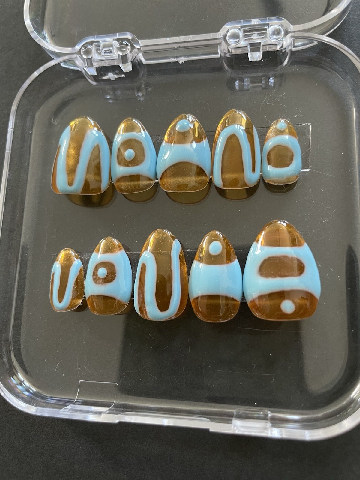 Homemade Press-On-Clear Orange With Blue Abstract Art Almond Nail Set