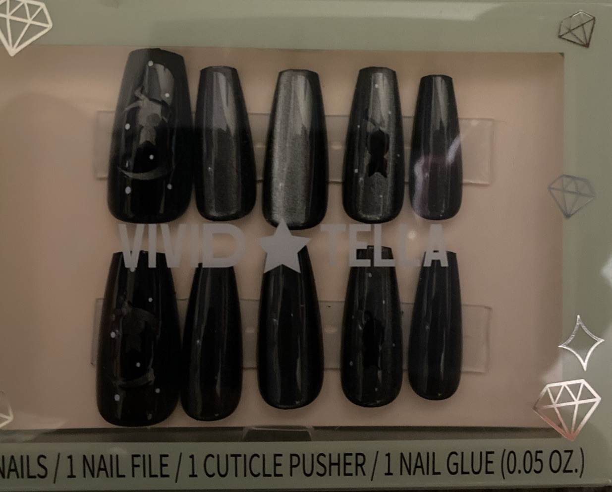 30 Medium Black Silver Cat Theme Nails Set, 3D Glitter, Full Cover