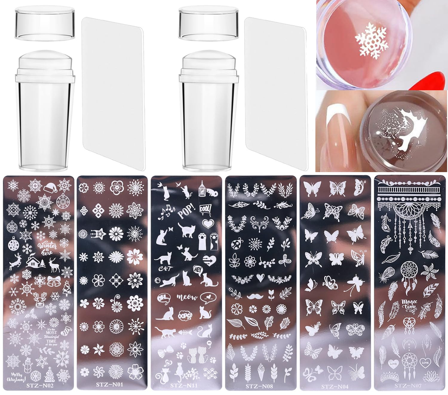 10 Pcs Nail Stamp Template Kit French, Contains 2 Stamper 2 Squeegee 6 Pattern T