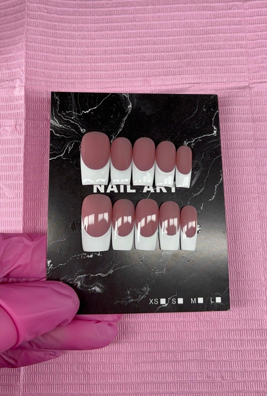 Medium square Press on nails white French tips nude gel