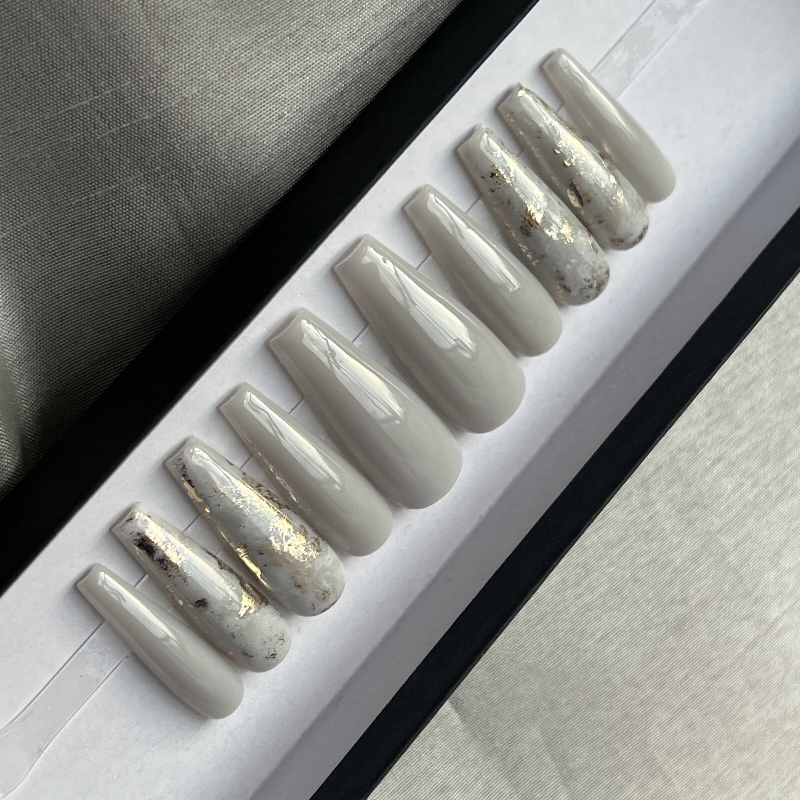 🔥CUSTOM Gel Press On False Nails, Sheer Light Grey GOLD flakes, 10p W FULL KIT