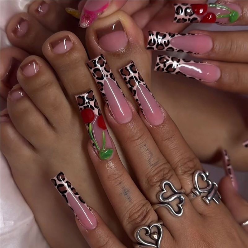 Sweet Leopard Print French 3D Flower Gradient Square Press On Nails 48PCS