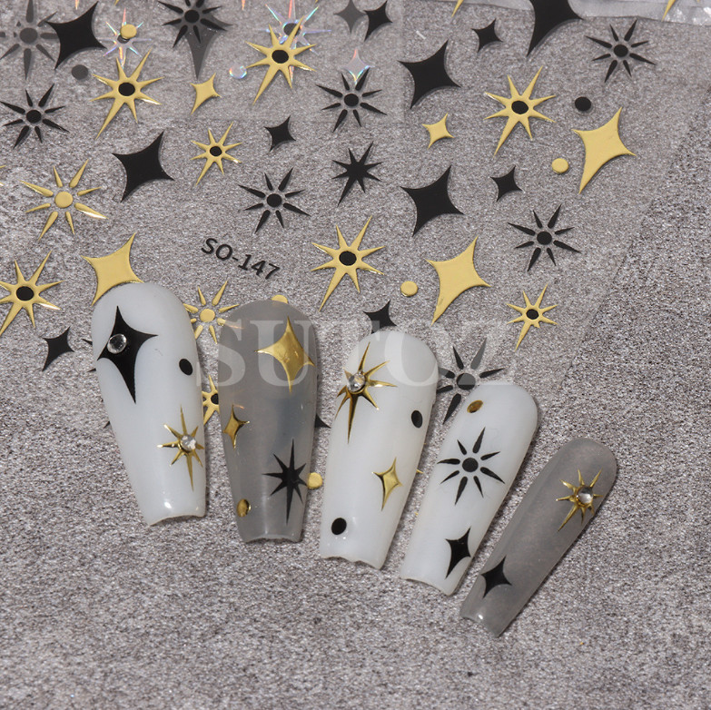 3Sheets Black Gold Silver Star Sun French Tips Nail Stickers Manicure NH18