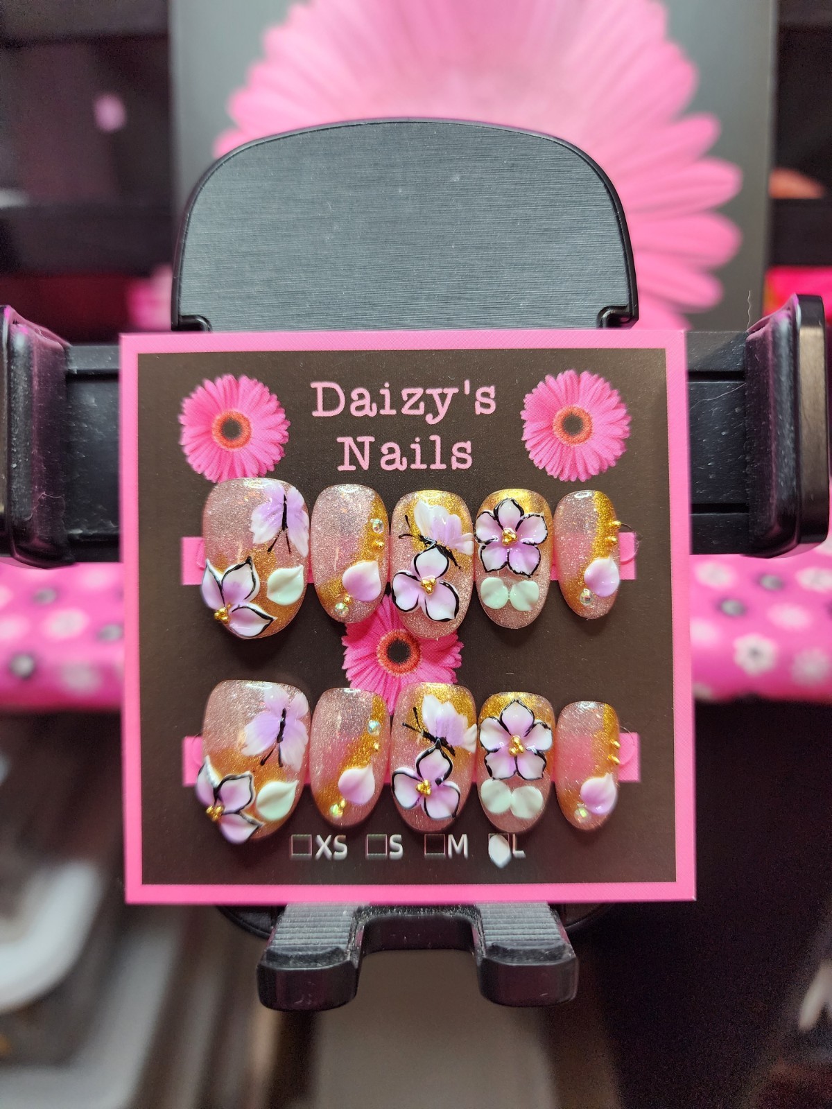 Large Size Press-on Nail 10Pc Set Handmade Oval Purple 3D Flower 2.0 Cm Length