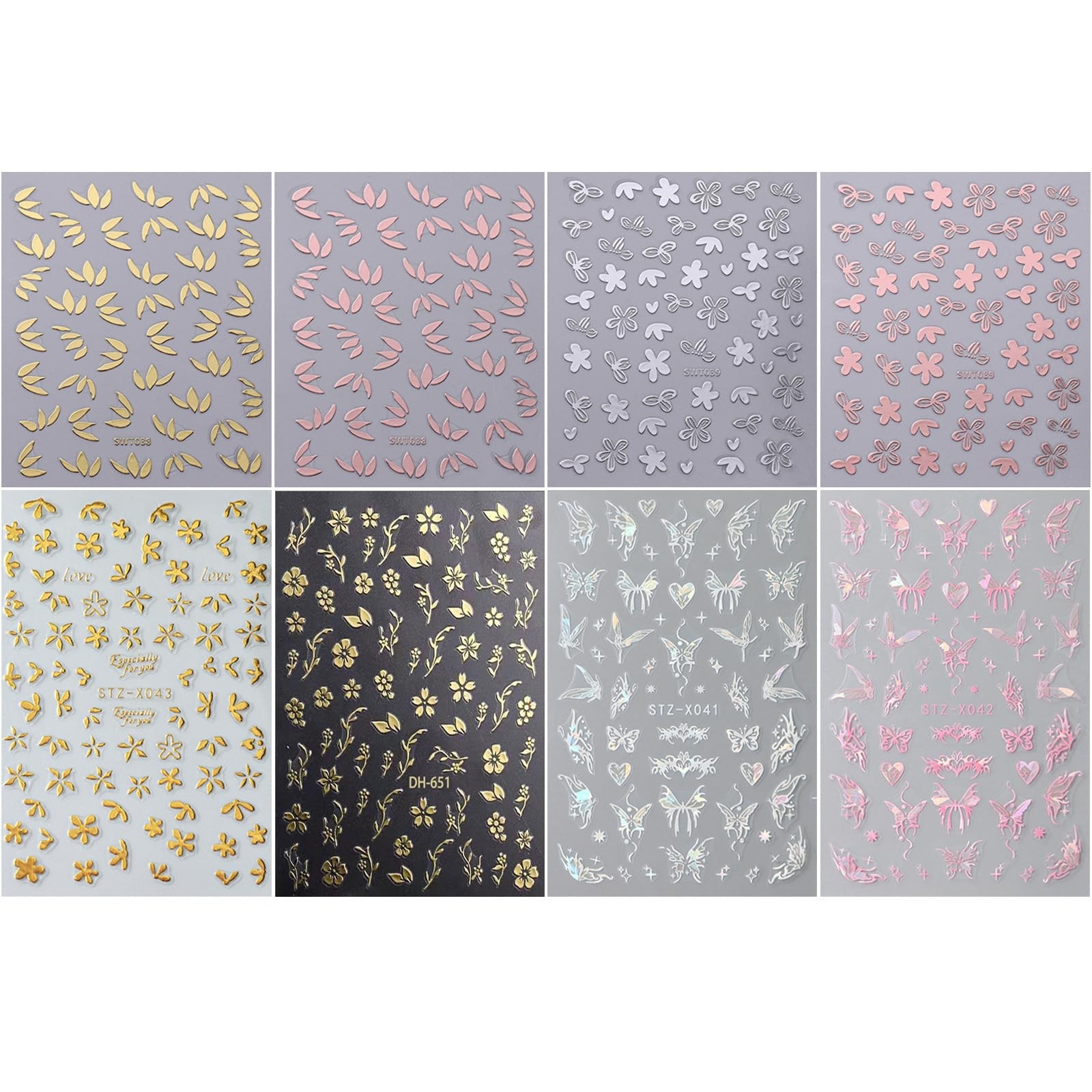 8pcs Gold Flower Leaf Nail Art Stickers 3D Self-Adhesive Metallic Nail Decals…
