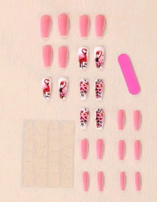 Chic Flamingo & Floral Press-On Nails – Medium Ballet Shape, Glossy Finish 24