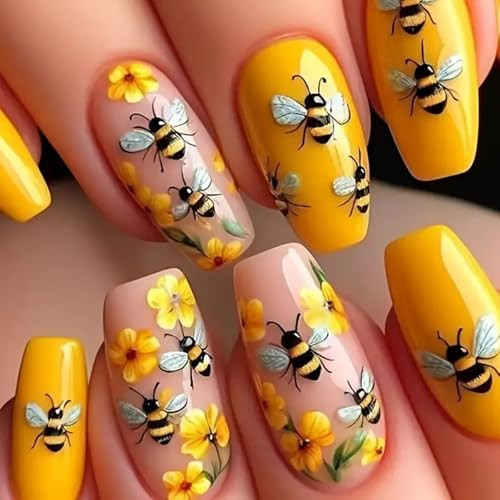 Coffin Press on Nails Yellow Fake Nails Spring Summer False Nails Style-A8