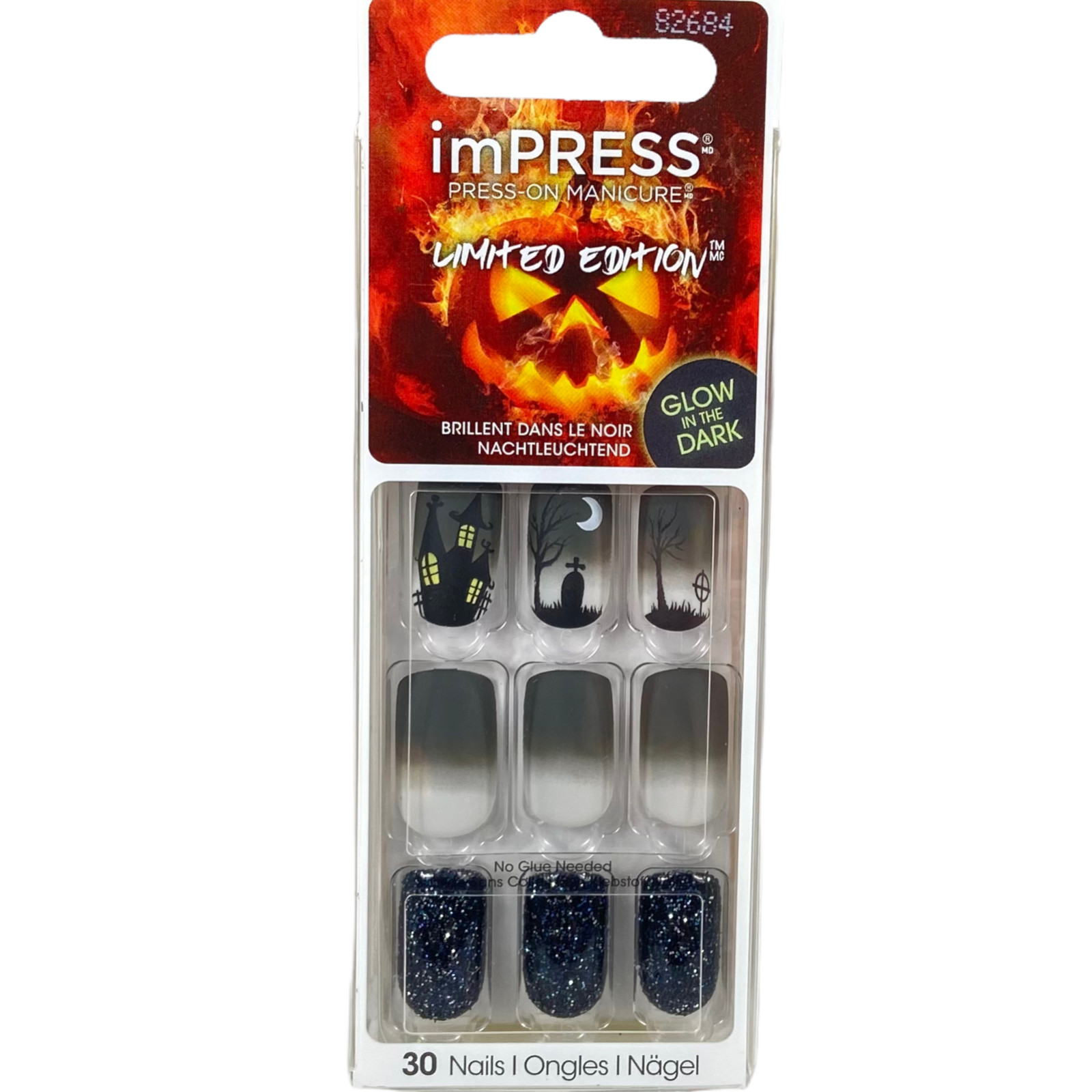 NEW Kiss Nails Impress Press Manicure Medium Black Gray Grave Moon House Glitter