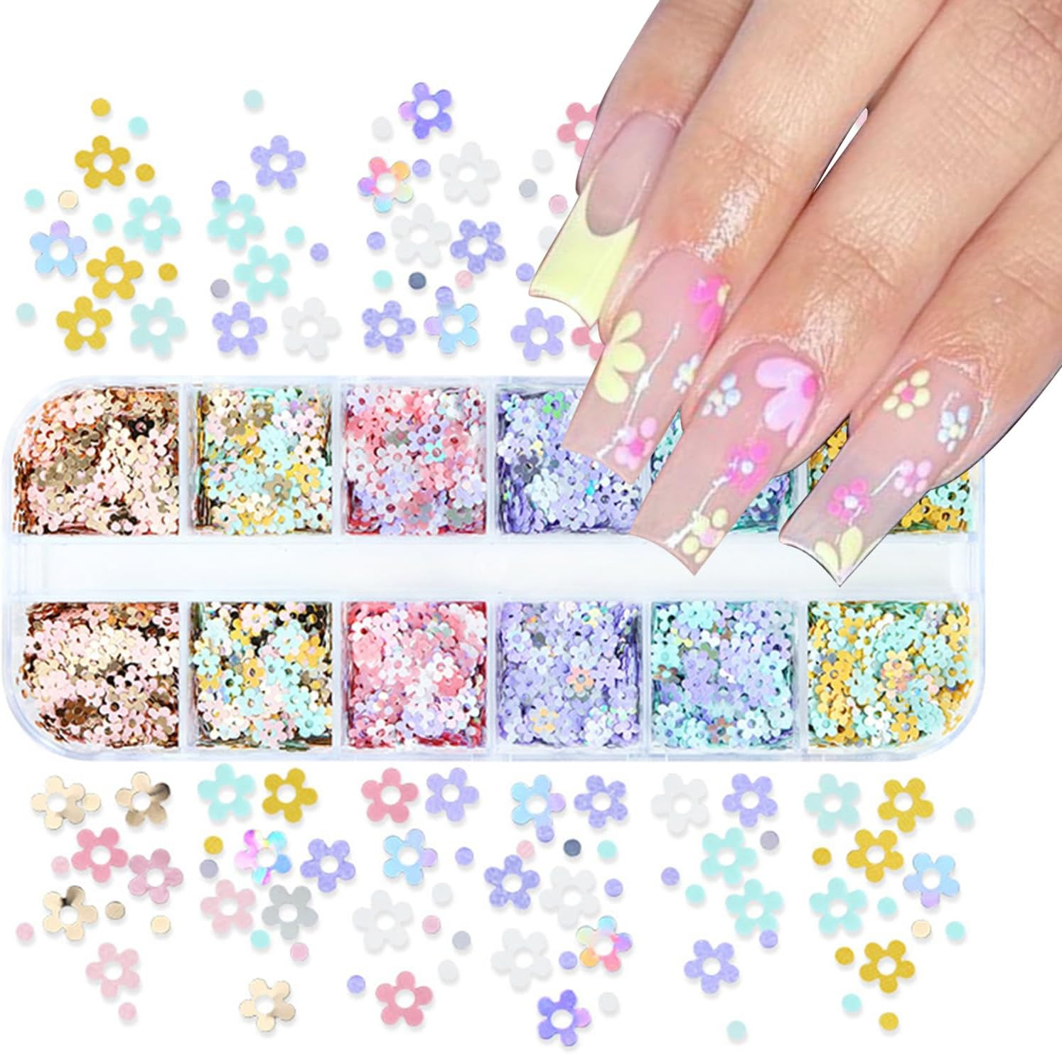 12 Grids Flower Nail Art Glitter Sequins 3D Holographic Floral Nail Flakes Sprin