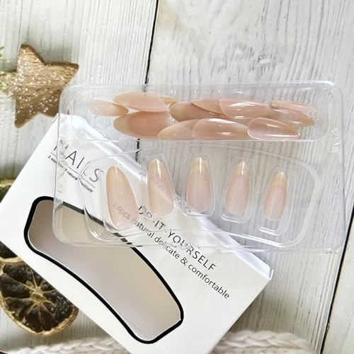 24Pcs Nude Gradient French Tip Press on Nails Medium Length Almond Shaped