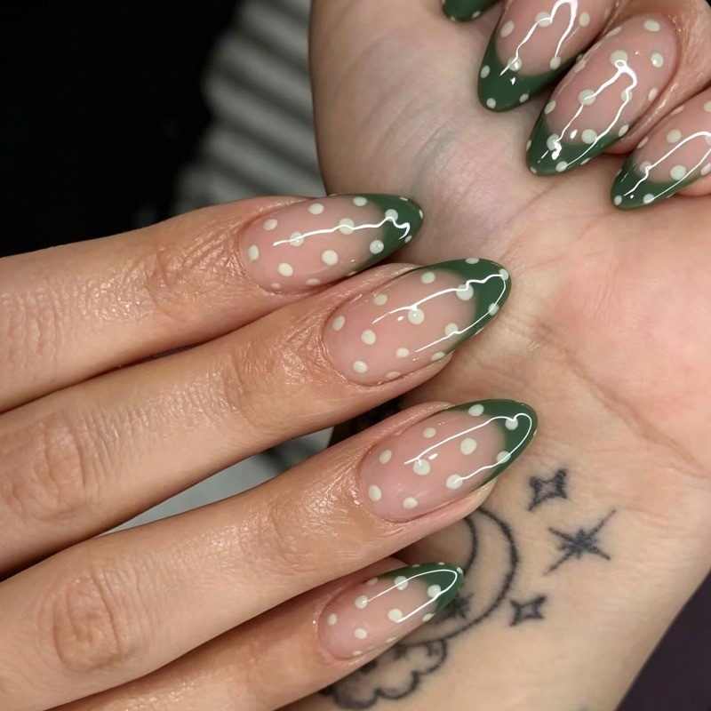 60Pcs Almond Press on Nails, Dark Green French White Dots Nude Daily Fake Nails