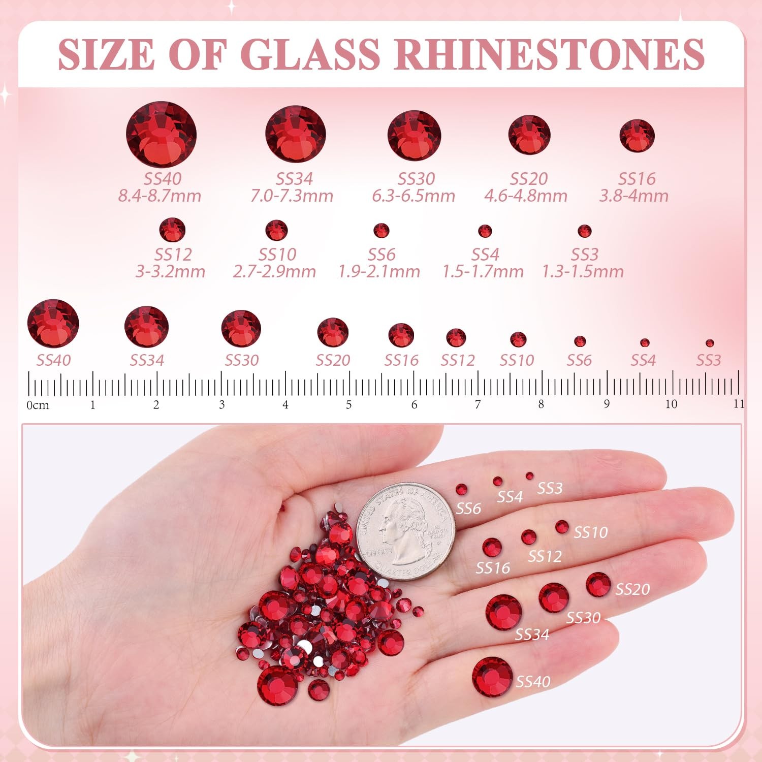 1440pcs Siam Crystals Glass Rhinestones FlatBack Glitter Gems for 3D Nails Decor