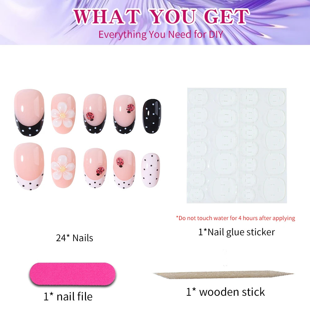 24Pcs Set French Tip Press On Nails Short Oval 3D Gel Flower Ladybug Polka Dot