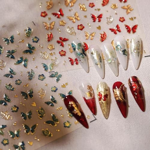 5D Embossed Nail Stickers for Nail Art, 2 Sheets Butterfly Flower Nail Decals