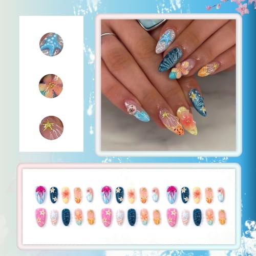 24Pcs Summer Ocean Press on Nails Blue Medium Almond Fake Nails with style08