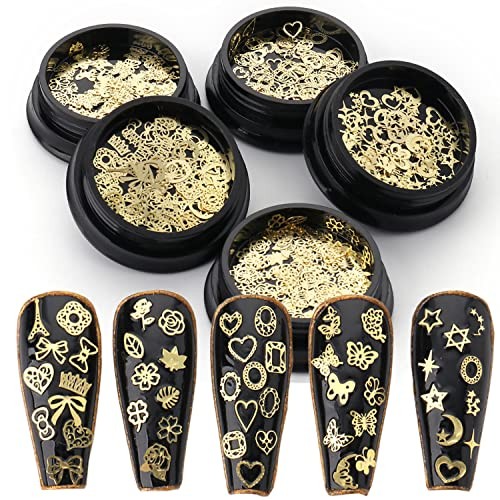 Gold Metal Nail Studs – 3D Glitter Flakes Decorations Set, Flowers Leaf