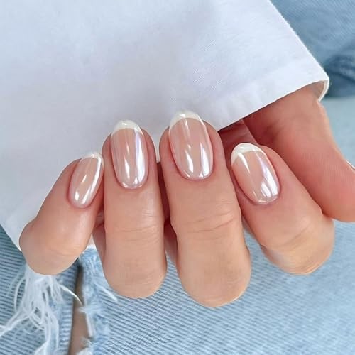 Chrome French Tip Press On 30 Ounce (Pack of 1) 30Pcs-Short Oval-White Tips