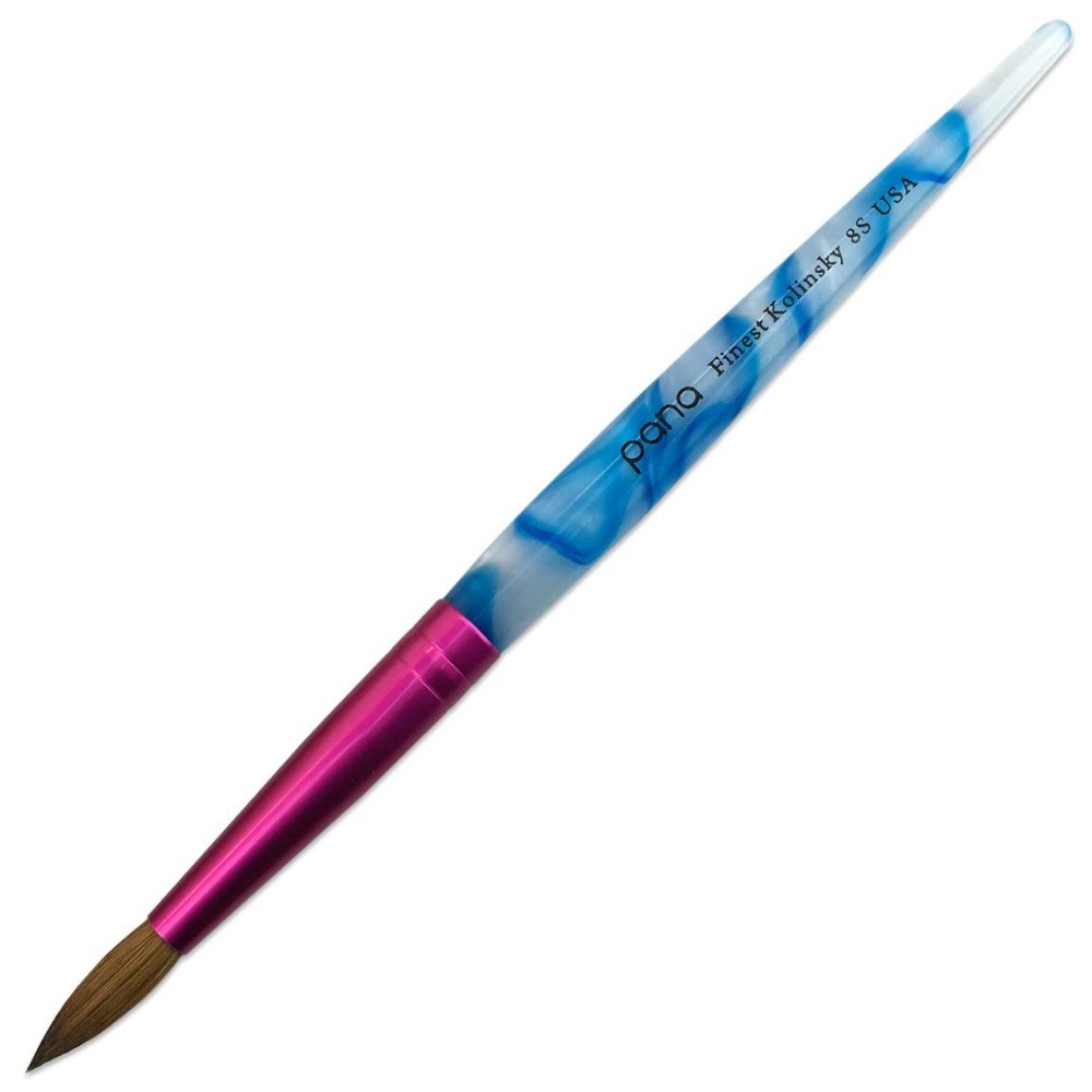 Round Acrylic Nail Brush Size 8 Pure Kolinsky Hair White Swirl Blue Handle Pink