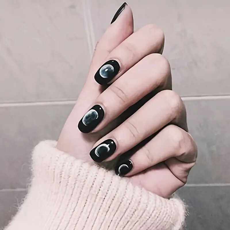Fake Black Moon Phases Nails 24 Press On Square Style Kit Goth Punk Emo Grunge