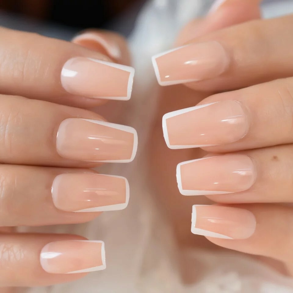 Press On Nails Nude White Rim Square Natural Modern French unique border trendy