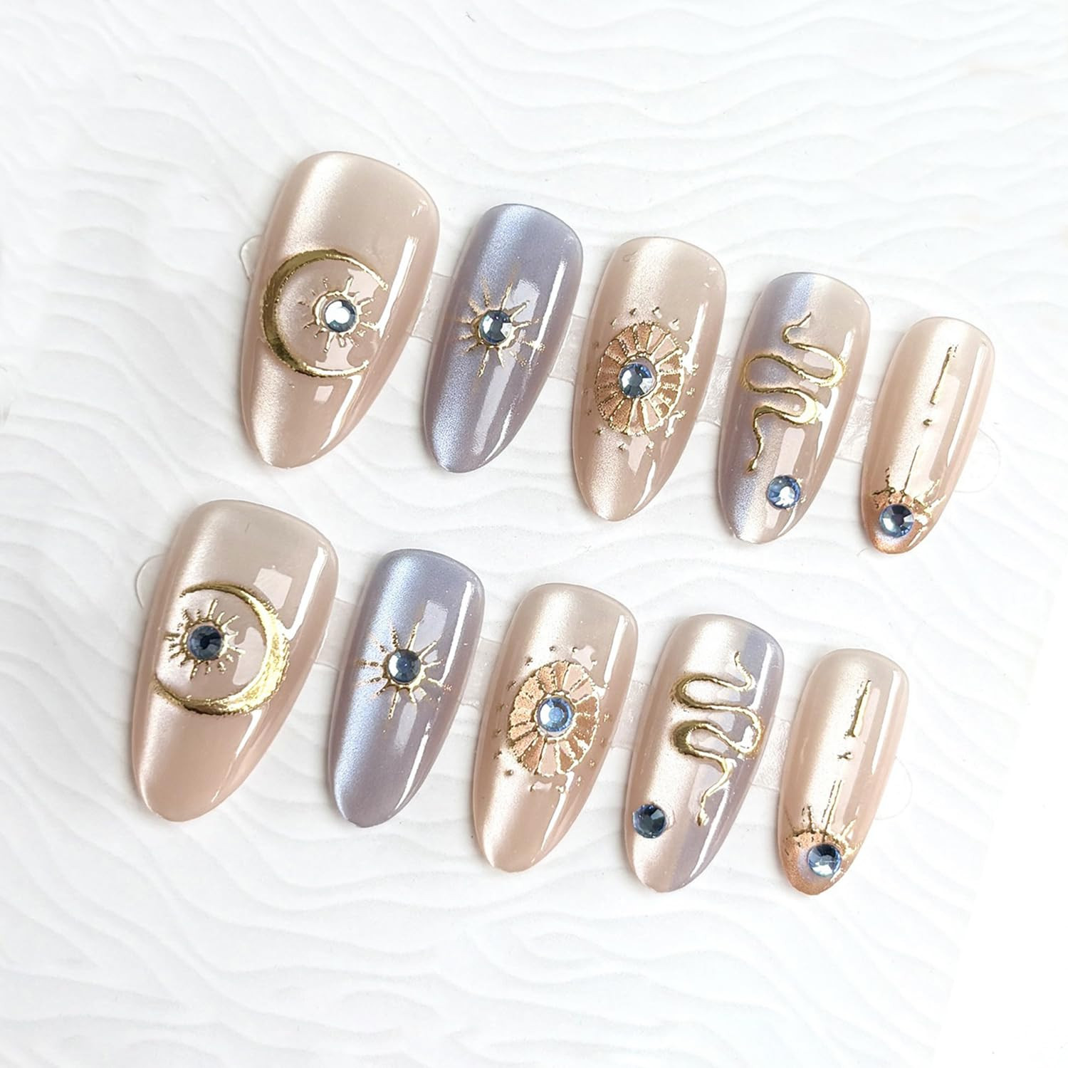 30Pcs Summer Press on Nails Medium Almond Fake Nails with 3D Starfish Designs, 3