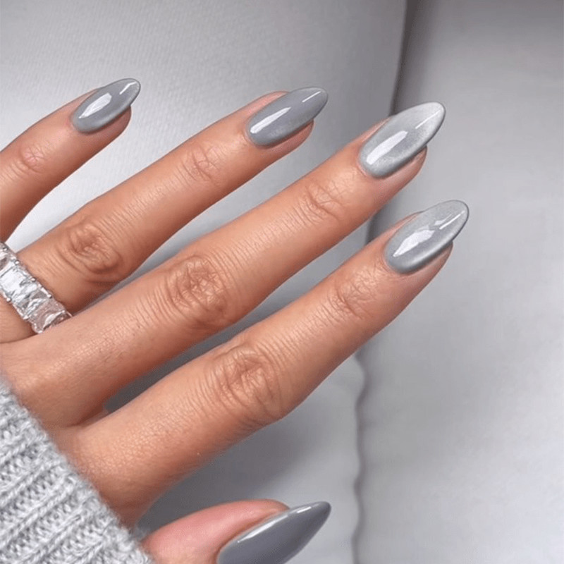 48pcs Almond Press on Nails, Matte Solid Gray False Nails for Casual Daily Wear