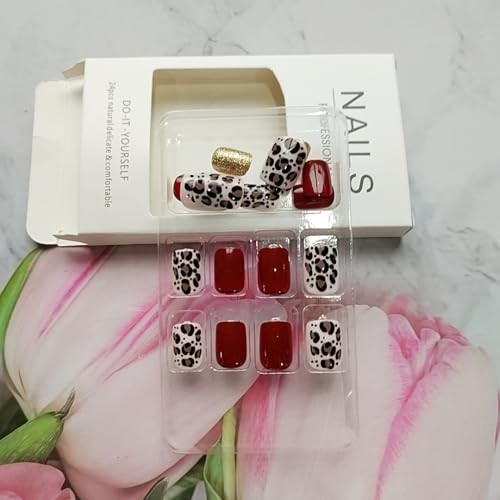 Wine Red Press on Nails Extra Short Square Fake Nails Gold Wine Red Leopard