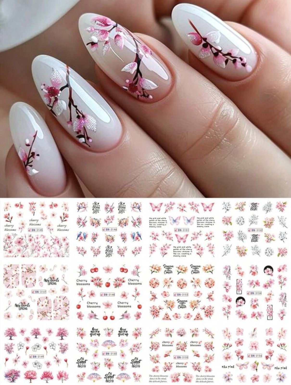 4 Sheets Nail Art Water Decals Cherry Blossom Spring Flowers Floral Pink