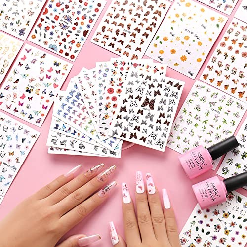 30 Sheets Nail Art Stickers Colorful Butterfly Flower 3D Self-Adhesive Nail