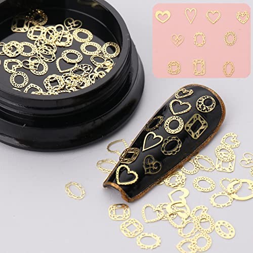 Gold Metal Nail Studs – 3D Glitter Flakes Decorations Set, Flowers Leaf