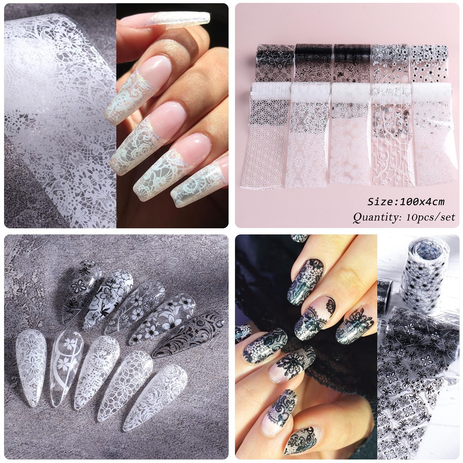 10 Rolls Lace Nail Art Foil Transfer Black White Flower Foil Transfers Decals