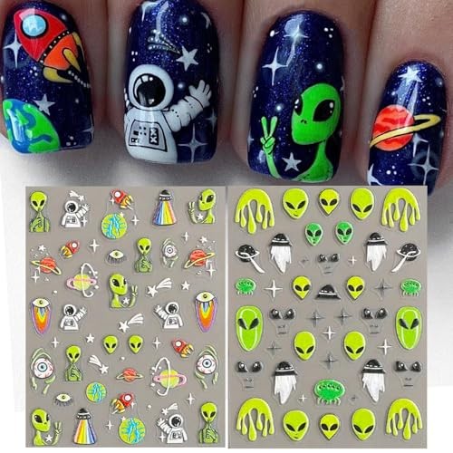 Embossed Alien Nail Art Stickers – 5D ET UFO Astronaut Rocket Design Self