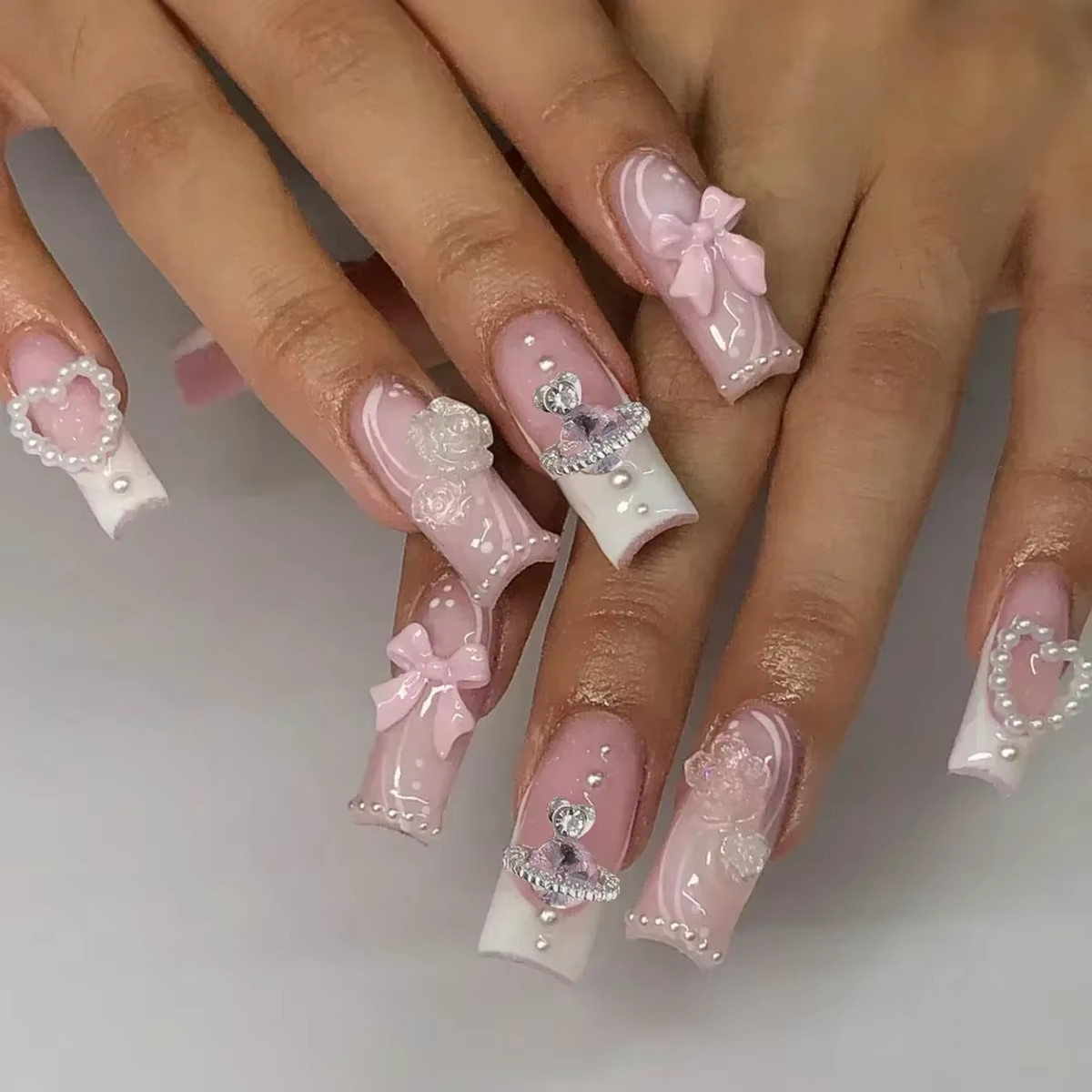 24Pcs Long French Fake Nails with Glue Ballet False Nails Butterfly Rhinestone D