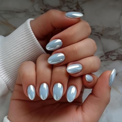 Pastel Blue Chrome Press On Nails – Shiny Extra Short – Almond Baby Blue