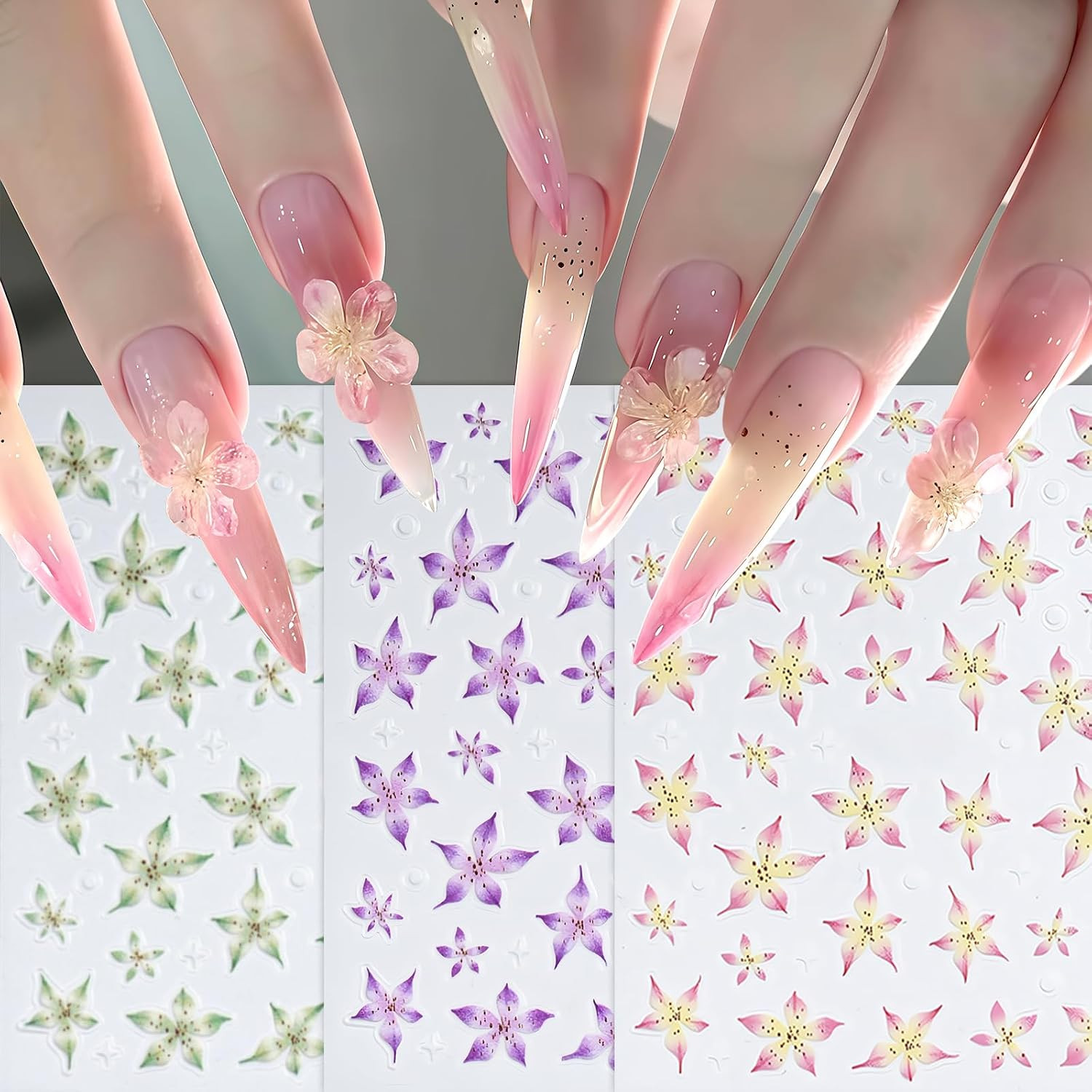 6 Pcs Flower Nail Art Stickers Decals 5D Lily Flower Embossed Nail Decals Purple